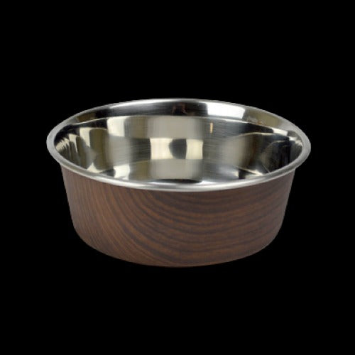 OurPets Wood Grain Stainless Steel Bowl Dark Brown